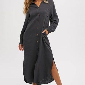 Button Up Maxi Shirt Dress With Pocket (Ash)